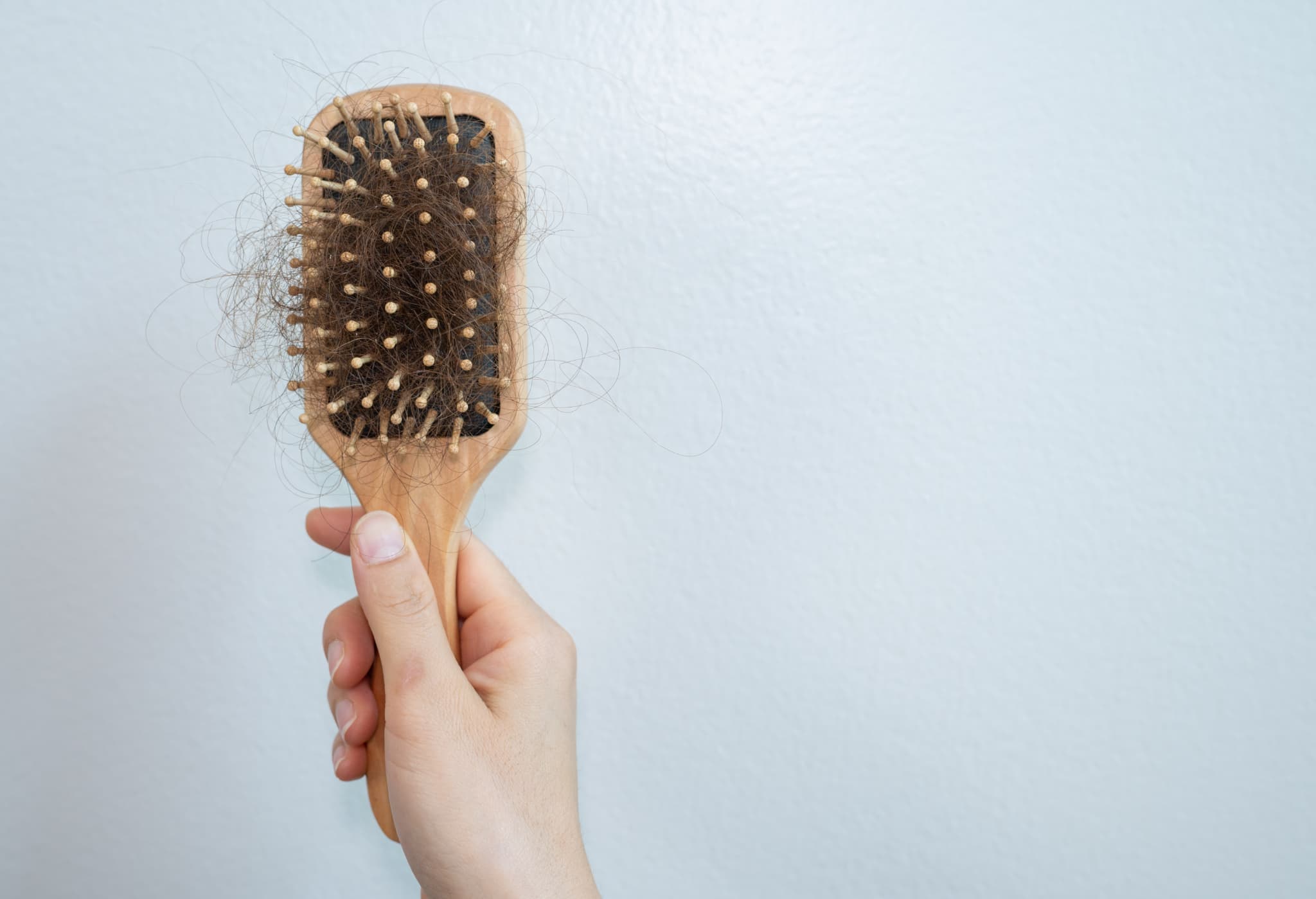 抜け毛が絡まった木製ヘアブラシを手で持っている様子